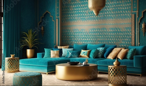  a living room filled with blue couches and gold accents. generative ai