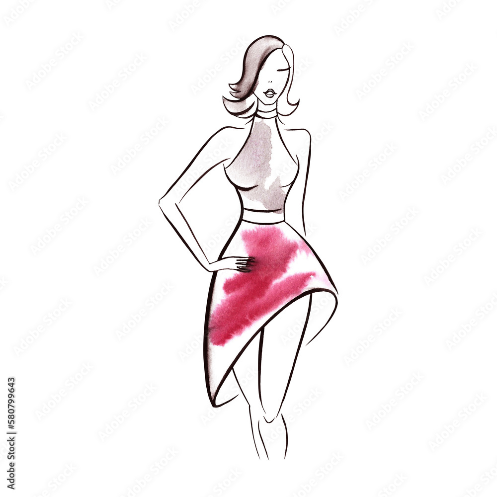 Beauty and fashion. Beautiful girl hand-drawn with lines and watercolor stains. Beauty banner template for cosmetics Beauty and fashion. Beautiful girl hand-drawn with lines and watercolor stains. Beauty banner template for cosmetics