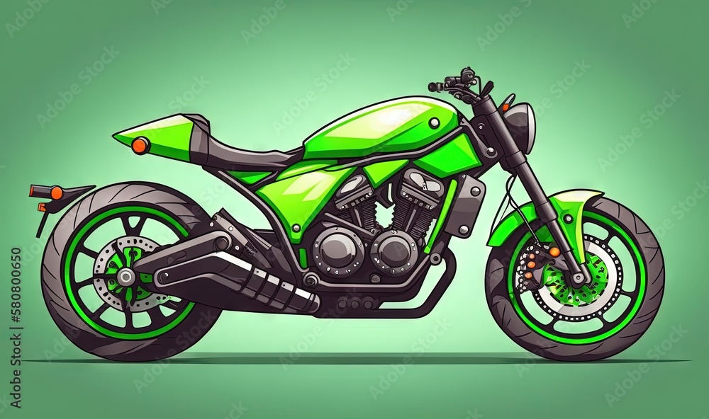  a green and black motorcycle on a light green background with a green background.  generative ai
