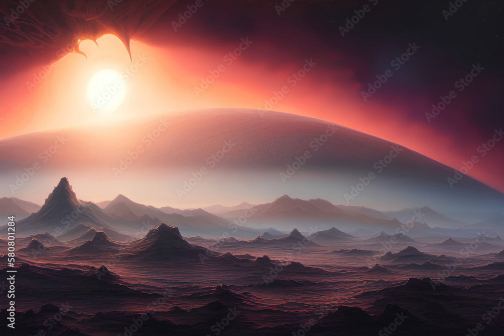 Landscape of an alien planet. Space wallpaper banner background. Generative Ai.