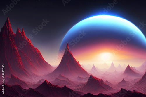 Landscape of an alien planet. Space wallpaper banner background. Generative Ai. © Cobalt