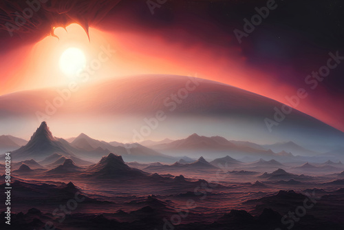 Landscape of an alien planet. Space wallpaper banner background. Generative Ai.