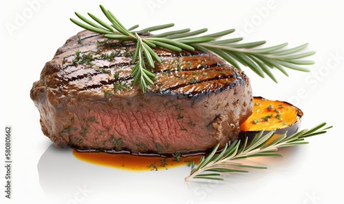  a piece of steak with a sprig of rosemary on top of it. generative ai