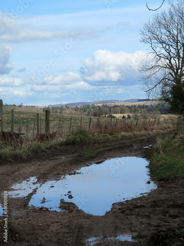Countryside trail between Barmekin Hill and B977 road after the rain in the springtime - Aberdeenshire - Scotland - UK