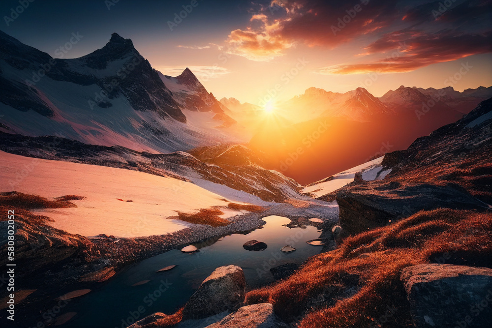 Scenic sunrise in the high mountains of the alpes generative ai