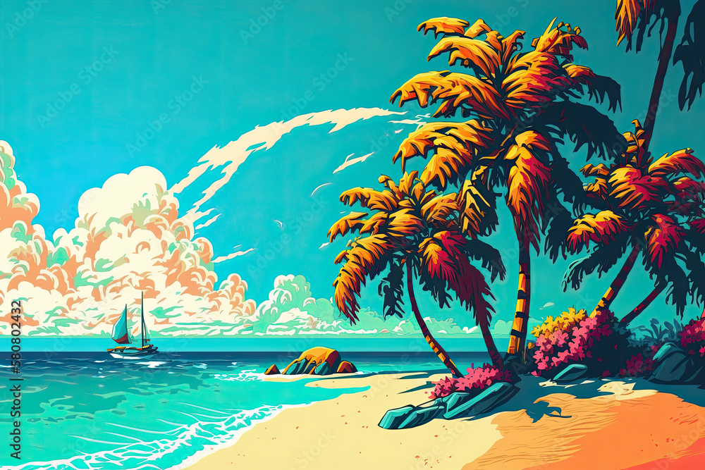 Paradise vacation on tropical island. Cartoon of beautiful island. Generative AI