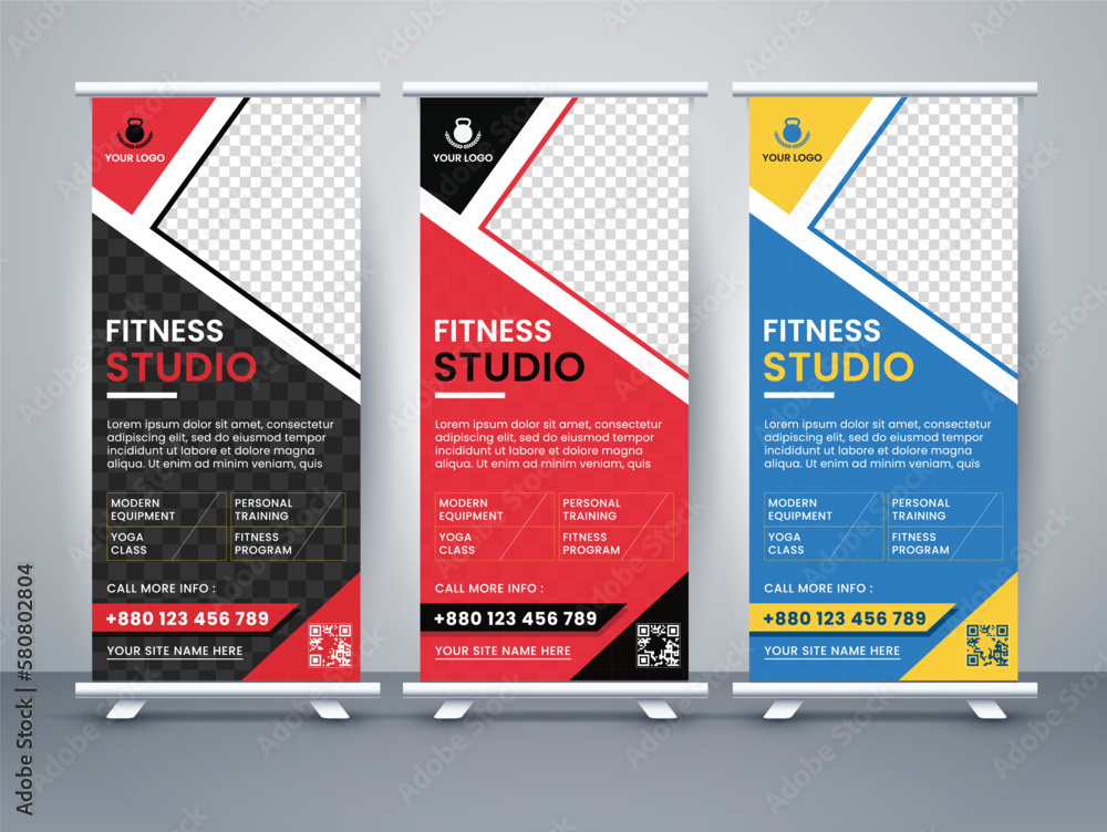Modern creative gym and fitness of roll-up banner with hexagonal Standee Design Template. Banner Template design. Gym Banner Template for web advertisement. Vector illustration. Modern creative gym and fitness of roll-up banner with hexagonal Standee Design Template. Banner Template design. Gym Banner Template for web advertisement. Vector illustration.