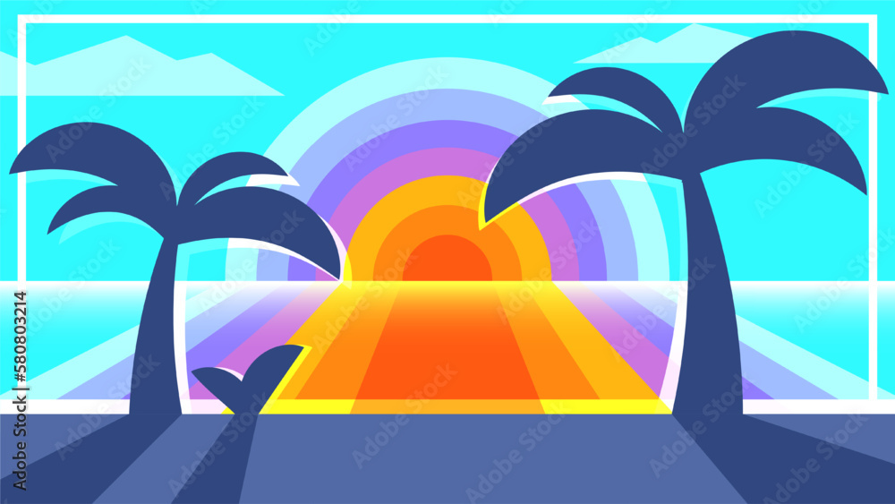 Bright retro groove illustration. Sea coast at rainbow sunset background in 80s style.