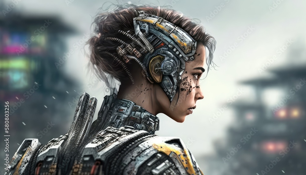 Generative AI. Android futuristic robot cyborg. Woman warrior in chrome technological sci-fi armor.