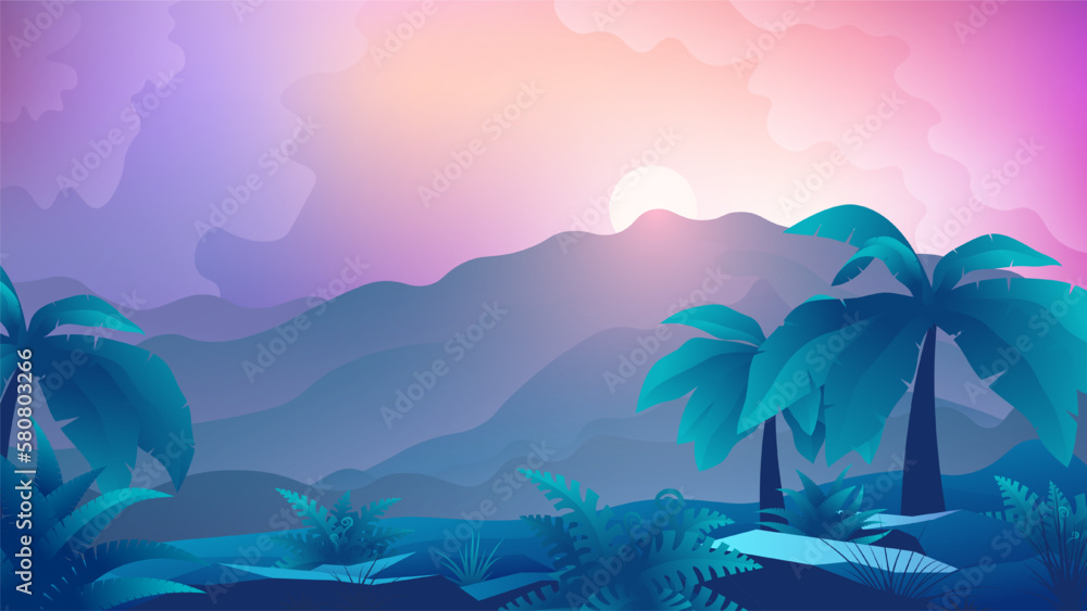 Horizontal colorful tropical landscape. Green palms and tropical mountains on sunset sky background.