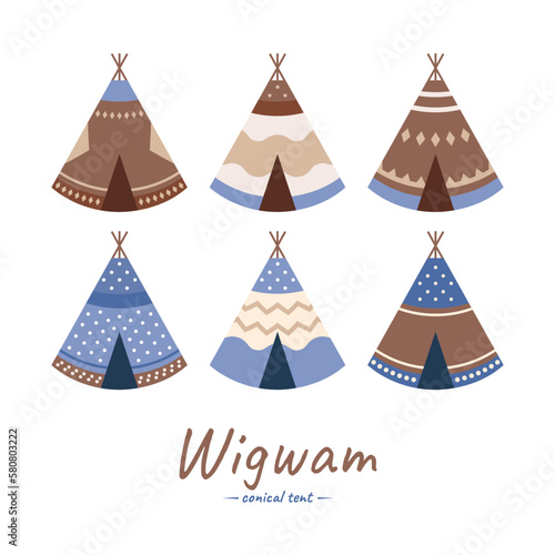 Traditional Native American tribal mobile house wigwam set isolated on white background.
