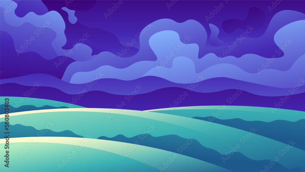 Heavy dark cumulus clouds over green sown fields. Horizontal natural landscape illustration. Heavy dark cumulus clouds over green sown fields. Horizontal natural landscape illustration.