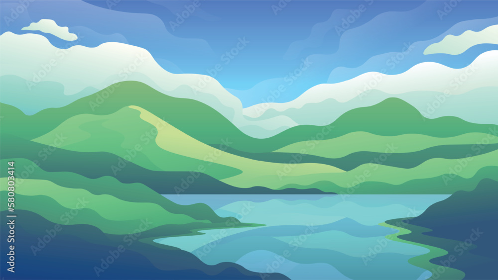 View of the lake shore among green high mountains. Horizontal vector illustration of a summer day landscape. View of the lake shore among green high mountains. Horizontal vector illustration of a summer day landscape.