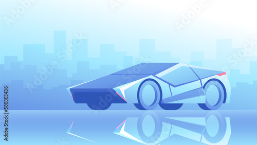 Beautiful light-coloured sports car stands in big metropolitan backdrop. Horizontal blue cityscape.