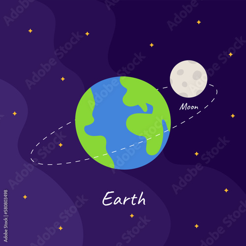 Cartoon planet Earth with moon satellite orbit on space background in flat style. © Dmytro