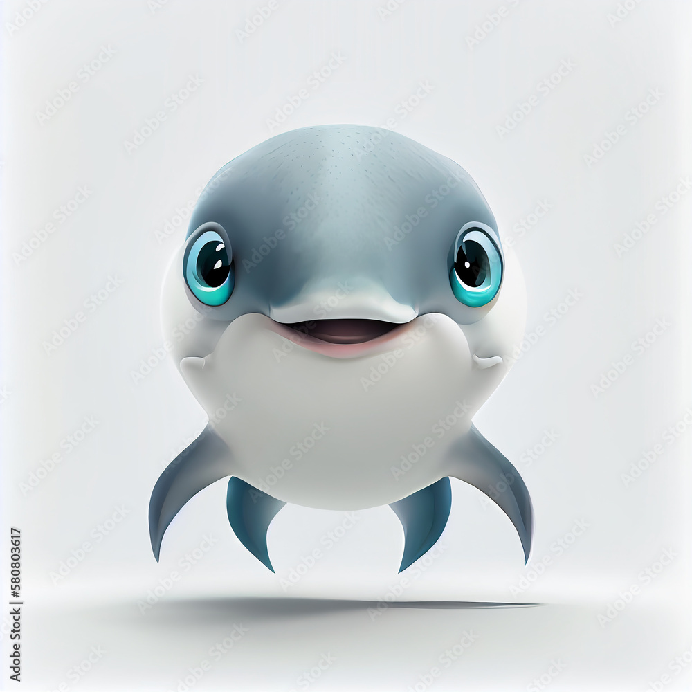 Adorable cartoon baby Dolphin character isolated on white background. Generative AI Adorable cartoon baby Dolphin character isolated on white background. Generative AI