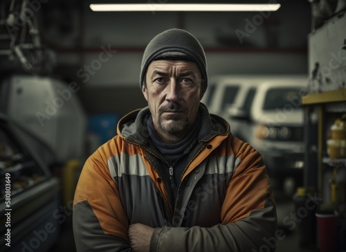 Portrait of a mechanic in the car repair shop. Generative AI.  © ern