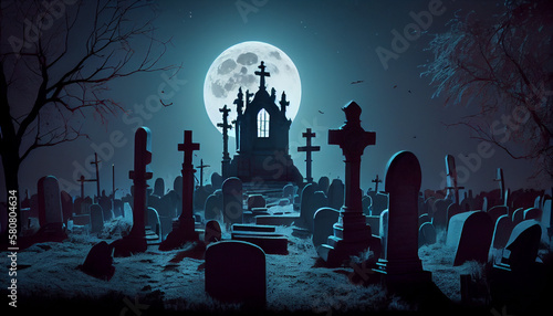 A full moon casting eerie shadows on a graveyard generated by AI