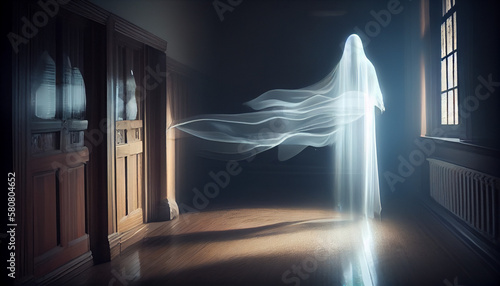 A ghostly apparition floating in the air with a faint glow generated by AI photo