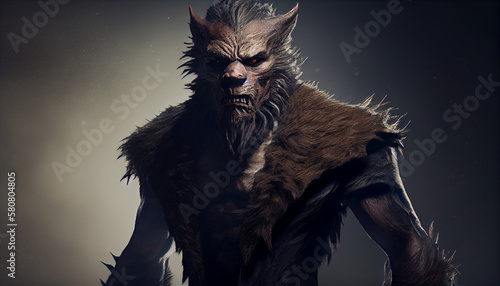 A werewolf with sharp claws and fur standing on end generated by AI photo