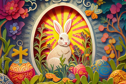 Easter Bunny Rabbit Basket Decorated Colorful Easter Eggs Egg Illustrated Illustration Vector Art Sun Flowers Trees Morning Background Image © DigitalFury
