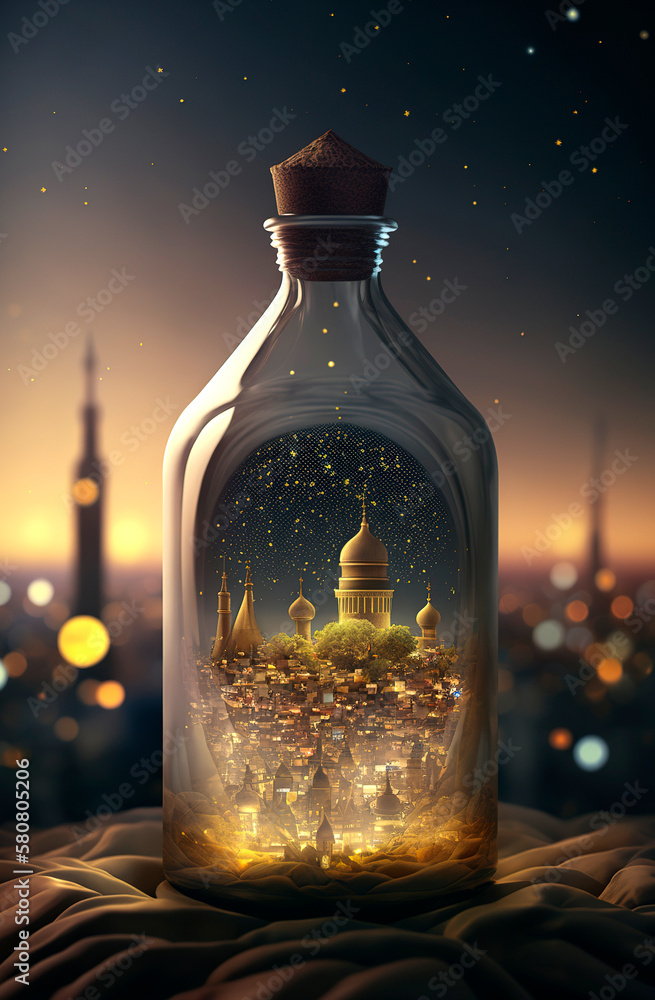 Generative AI illustration of the holy city of Mecca at night encased in a glass jar Generative AI illustration of the holy city of Mecca at night encased in a glass jar