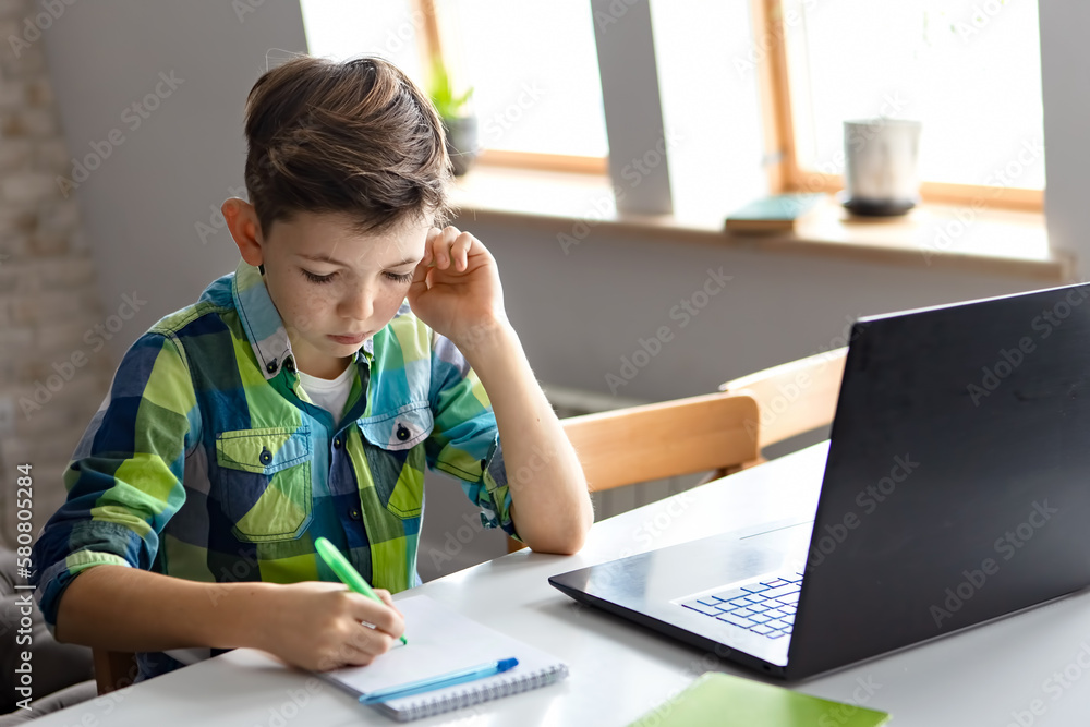 cute boy at home doing homework at the computer and writing something in a notebook cute boy at home doing homework at the computer and writing something in a notebook