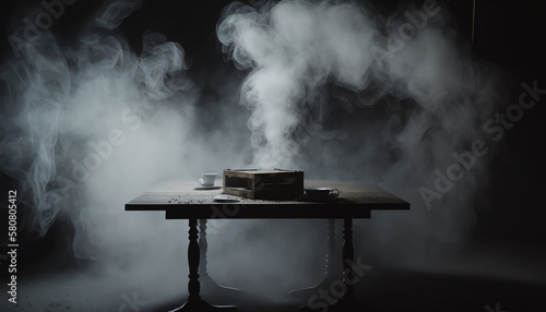 Fog In Darkness - Abstract Defocused Smoke On Wooden Table - Halloween Backdrop