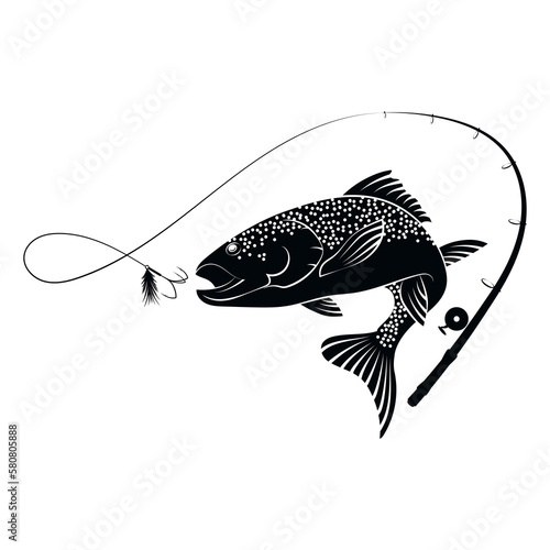 Canvas Print Fish silhouette and fishing rod with reel, design for fishing