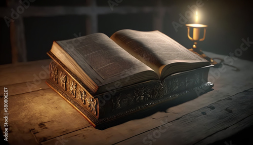 Shining Holy Bible - Ancient Book On Old Table, realistic © Damien