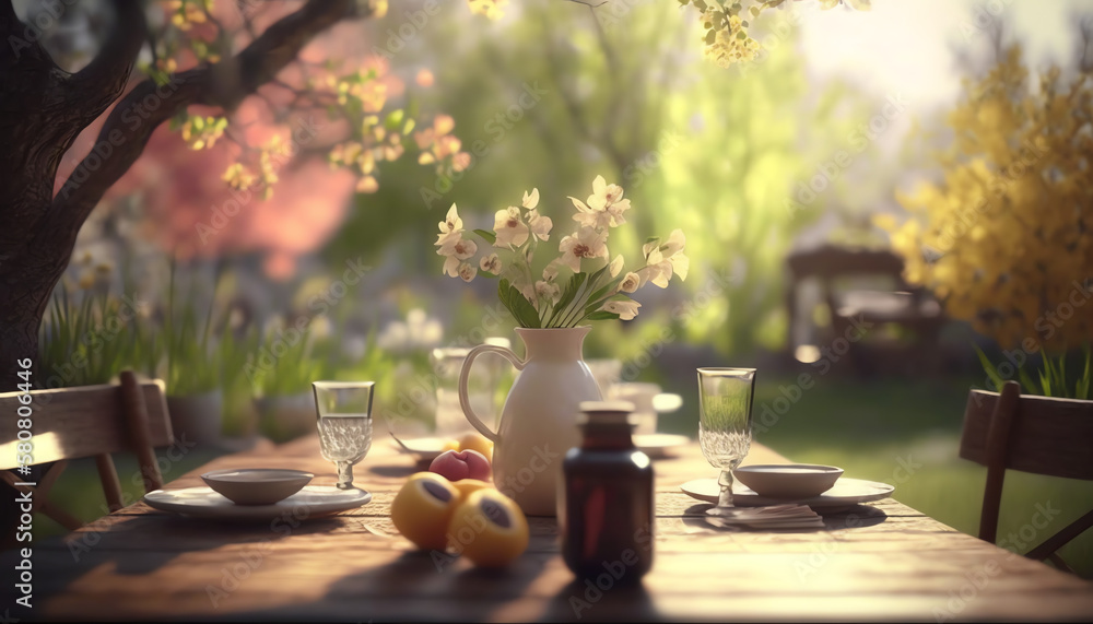 Spring Table With Trees In Blooming And Defocused Sunny Garden In Background