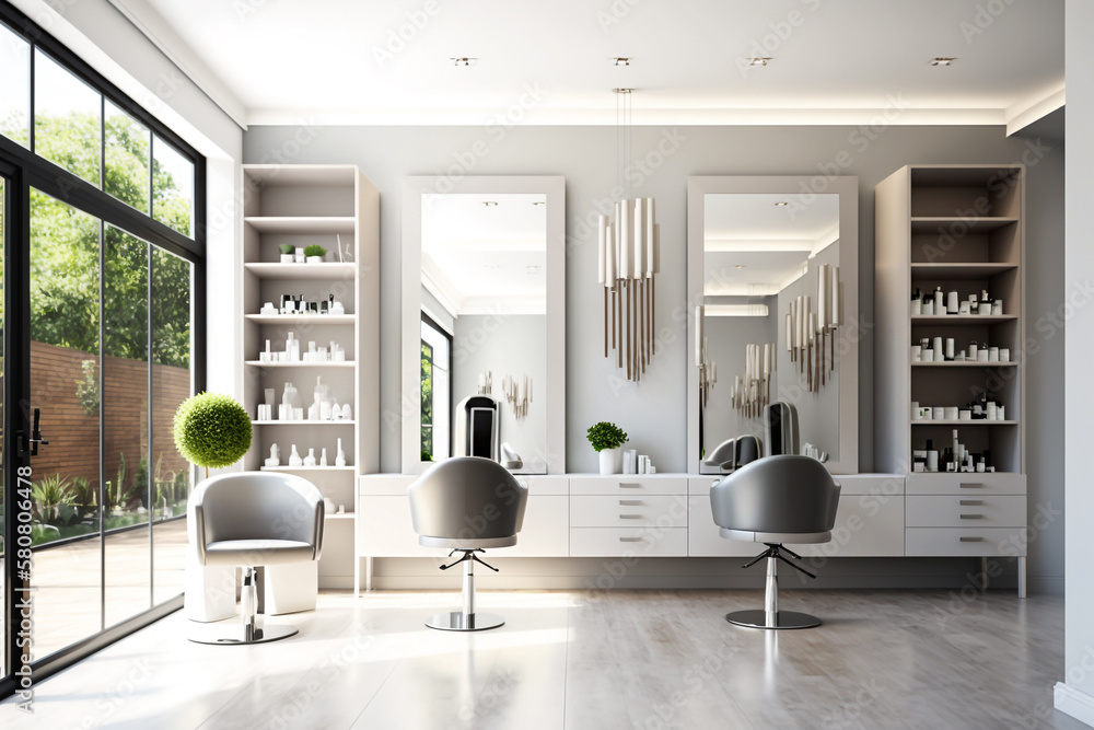 white light beauty salon room with armchairs and mirrors Generative AI - obrazy, fototapety, plakaty 