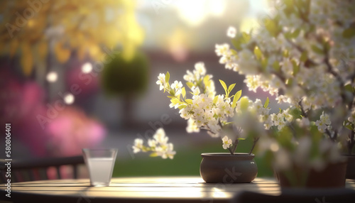 Spring Table - Blossoms In Sunny Garden With Abstract Defocused Lights