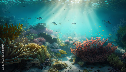 Underwater Scene - Tropical Seabed With Reef And Sunshine © Damien