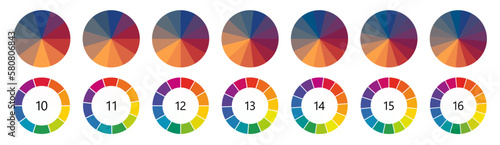 Circle shape divided into colorful segments, version with 10 to 16 parts, can be used as infographics element