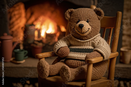 bear in a chair by the fireplace Generative AI