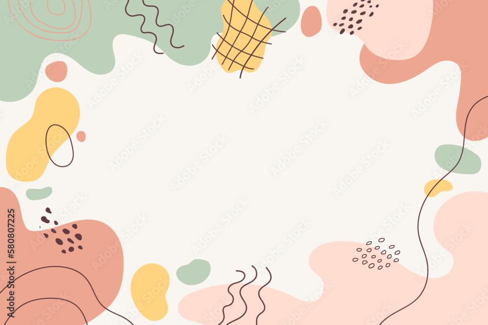 Abstract cute pastel background. Hand drawn various geometric organic shapes, lines, spots, drops, curves. Copy space. Template for social media stories, branding, banners. Vector illustration