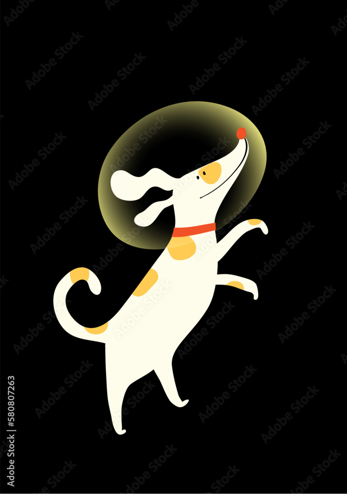Naklejka premium Dog cosmonaut character for children. Puppy in space helmet, outer space cartoon clipart for kids isolated on black. Vector cosmos kids clip art character illustration.