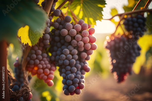 growing grapes red wine gardening at morning sun dawn Generative AI