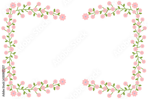 Spring border of pink flowers and green twigs. Decorative flower frame isolated on white background. Copy space. Greeting card, invitation, postcard. Vector illustration