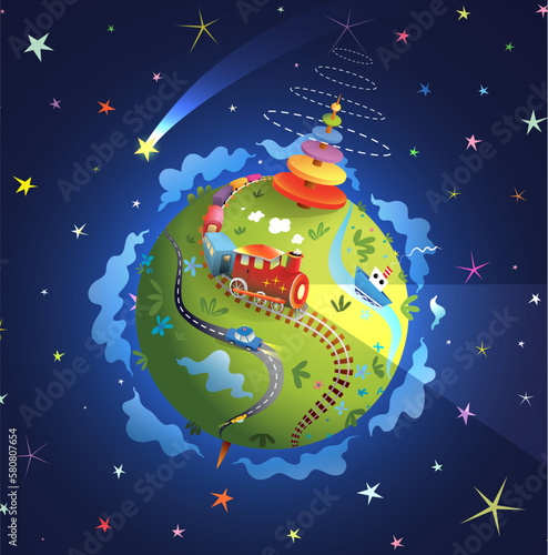 Cute Toy Planet for Kids in Cosmos with Stars. Childish planetarium, fantasy playground with train in outer space. Fantastic playful colorful earth for kids with toys. Vector baby universe wallpaper.