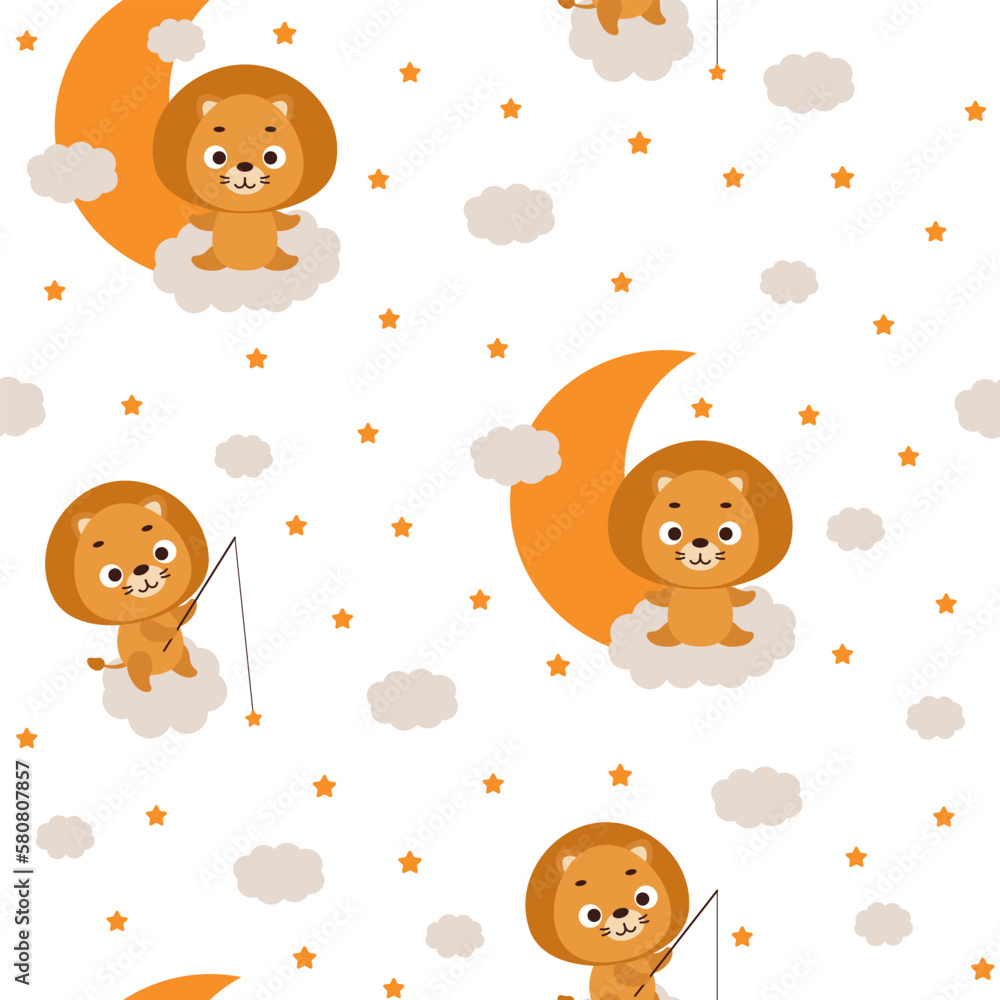 Cute little lion sitting on cloud and fishing star seamless childish pattern. Funny cartoon animal character for fabric, wrapping, textile, wallpaper, apparel. Vector illustration Cute little lion sitting on cloud and fishing star seamless childish pattern. Funny cartoon animal character for fabric, wrapping, textile, wallpaper, apparel. Vector illustration