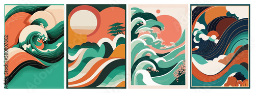 A set of backgrounds for text, landscape psychedelic hippie art, a frame of stylized waves. 