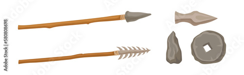 Primal Stone Age Tools and Weapon Isolated on White Background Vector Set