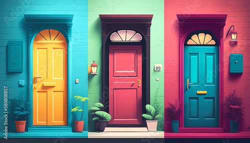 Three colourful doors. Generative AI.