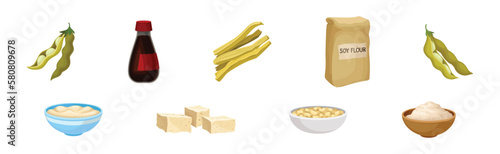 Soy Product as Organic Vegetarian Food and Nutrition Vector Set