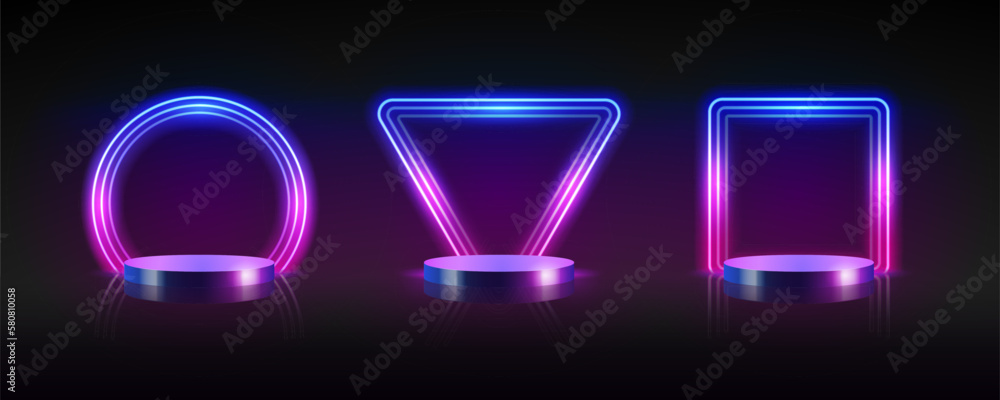 Three Cylinder Podiums with Neon Frames Three Cylinder Podiums with Neon Frames
