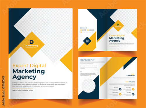 Bifold business brochure design with bleed in A4 size vector template.