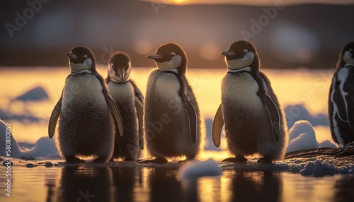 A group of Penguins next to each other in the Arctic at golden hour. Animals together in the ice. Generative AI.