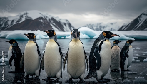 A group of Penguins next to each other in the Arctic. Animals together in the ice. Generative AI.